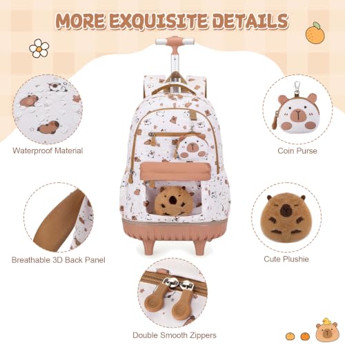 Capybara Theme Rolling Backpack with Lunch Bag & Pencil Case, Kids Rolling Backpack for Girls, Wheeled School Bookbag with Telescoping Handle for Kindergarten Elementary Middle High School - color: Beige