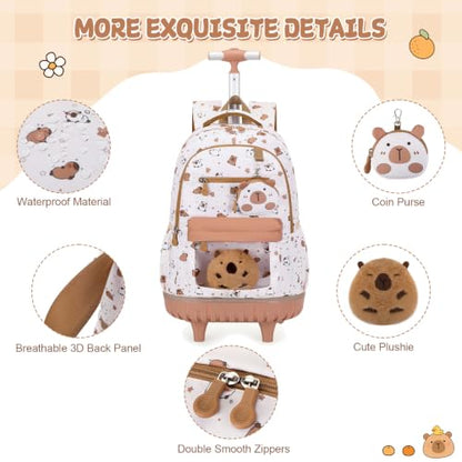 Capybara Theme Rolling Backpack with Lunch Bag & Pencil Case, Kids Rolling Backpack for Girls, Wheeled School Bookbag with Telescoping Handle for Kindergarten Elementary Middle High School - color: Beige