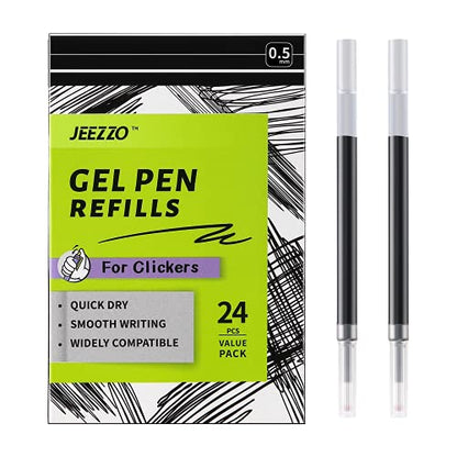 Gel Ink Refills for Retractable Click Pens, Medium Point Pen Refills | Pen Refills Compatible with Pilot G2 Pentel Energel Jetstream Sharpie S-Gel Uniball Signo Zebra Sarasa (black, 0.5mm, 24 pcs) - color: Black, size: 0.5MM