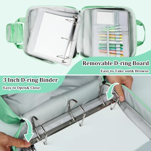 SIYNPAV 3 Inch Zipper 3 D-Ring Binder Bag, 700 Sheet Portfolio Organizer with Shoulder Strap, 13 Inch Laptop Sleeve, Pen& Bottle Pocket for Middle School, Green - color: Mint Green