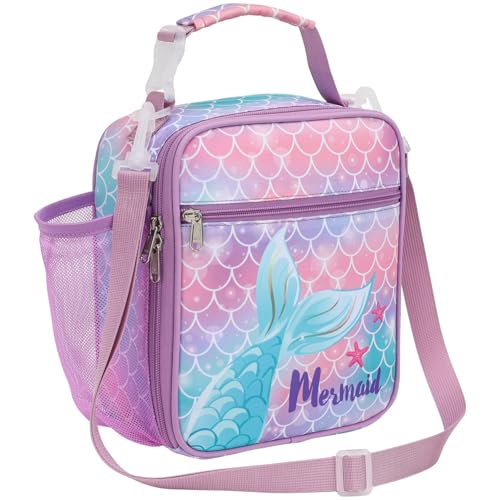 Bagseri Kids Lunch Bag with Shoulder Strap - Insulated School Lunch Box | Easy Carry Handle, Leak Proof, Water Bottle Holder, Roomy Toddler Lunch Box for Snacks, Drinks, Picnics, Trip, Purple Mermaid - color: B Purple Mermaid Tail, size: Crossbody Strap S