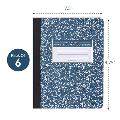 ROARING SPRING Hard Cover Composition Notebook, 6 Pack, Blue Marble Comp Book, 9.75″ x 7.5″, Unruled Blank Paper, 100 Sheets (200 Pages), Made in USA - size: 9.75" x 7.5", style: 6 Pack