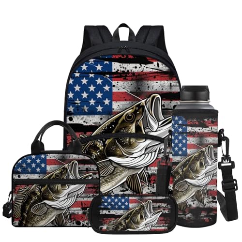 Bass American Flag Pattern Backpack for Boys School Bags Set with Insulated Lunch Bag Cooler Water Bottle Sleeve Pencil Pen Case 4 Pieces for Teenage Student - color: Bass American Flag