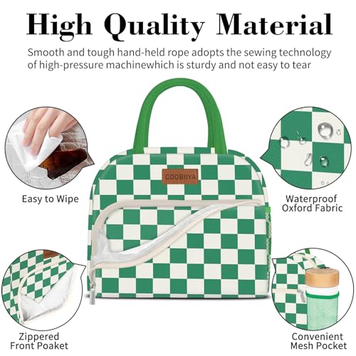 Coobiiya Lunch Bag Lunch Box for Women Men, Cute Lunch Tote Bags Insulated Reusable LunchBags Large Capacity Cooler Bag for Work Travel Picnic adults - color: Green gingham
