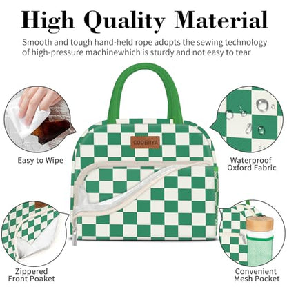 Coobiiya Lunch Bag Lunch Box for Women Men, Cute Lunch Tote Bags Insulated Reusable LunchBags Large Capacity Cooler Bag for Work Travel Picnic adults - color: Green gingham