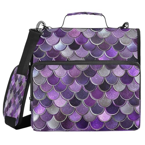Glitter Mermaid Scale Purple Silver Zipper Binder 3 Ring with Shoulder Strap 2 Inch Binder Holds 500 Sheets Multi-Pocket Organizer Zipper Binders Organizer for School Students Office - color: Multicolored.2