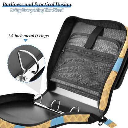 3 Ring Zipper Binder with Shoulder Strap Blue Ice Cream 1.5 inch Binders Keeper Large Capacity Multi Pockets for School Office Supplies - color: Multi342, size: Fit 500 Sheets