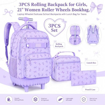 gxtvo Girls Rolling Backpack, Women Roller Bookbag with Lunch Box for Adults, Water Resistant Wheeled School Bag for College Teens Kids Travel - Purple Bow - color: Girls Rolling Backpack Bow Purple