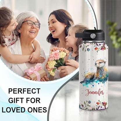 Hyturtle Personalized Otter Water Bottle - Travel Insulated Stainless Steel Bottle with Leak-Proof Lid 18oz 32oz - Cute Animal Gift for Women, Girls, Otter Lovers - Birthday & Christmas Gift - color: Otter