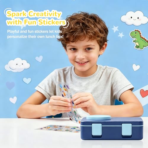 Bento Box for Kids, Leakproof Kids Bento Lunch Box Container with 8oz Insulated Thermo Food Jar, Sauce Jar, Utensil, DIY Stickers for School Boys Girls, 3-4 Compartments, BPA-Free - color: Navy Blue