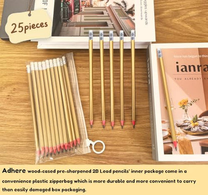 Adhere 25pcs Woodcase Pencils with Eraser Premium Pre-Sharpened Hexagon Graphite 2B pencils ideal for home, office writing including a Free Sharpener - color: Gold・25pcs