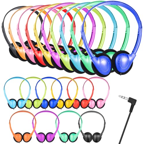 25 Pack Bulk Headphones for Classroom, 3.5mm Jack Multi Color | Wired On Ear Headphones for Kids Boys Girls Teens Adults. Laptop Computer. School Testing Library Online Learning
