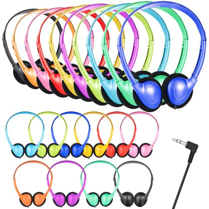 25 Pack Bulk Headphones for Classroom, 3.5mm Jack Multi Color | Wired On Ear Headphones for Kids Boys Girls Teens Adults. Laptop Computer. School Testing Library Online Learning
