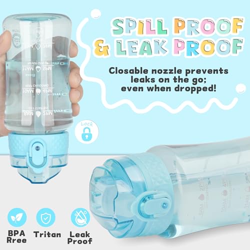 OLDLEY 12oz Kids Water Bottle, Tritan BPA-Free, Leakproof Flip Straw Lid, Motivational Time Marker, Carry Strap, Reusable Clear Water Bottle for Boys & Girls,Cerulean - color: Cerulean, style: 12 Ounces
