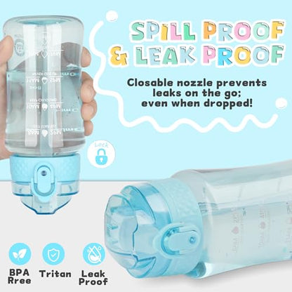 OLDLEY 12oz Kids Water Bottle, Tritan BPA-Free, Leakproof Flip Straw Lid, Motivational Time Marker, Carry Strap, Reusable Clear Water Bottle for Boys & Girls,Cerulean - color: Cerulean, style: 12 Ounces