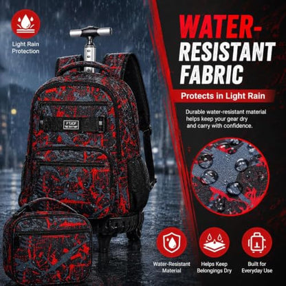 3Pcs Rolling Backpack for Boys, 19 Inche Adults Roller Bag with Wheels, Graffiti Wheeled Bookbag Set for Men(Red) - color: Graffiti Red