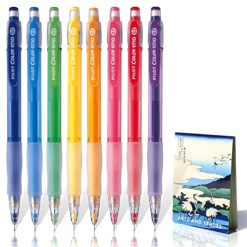 Pilot Color Eno 0.7mm Erasable Mechanical Colored Pencil Set, 8 Colors, Japanese Import, Vivid Color & Smudge-Free Writing, Ideal for Note-Taking, Sketching, with Hokusai Ukiyo-e Sticky Notes
