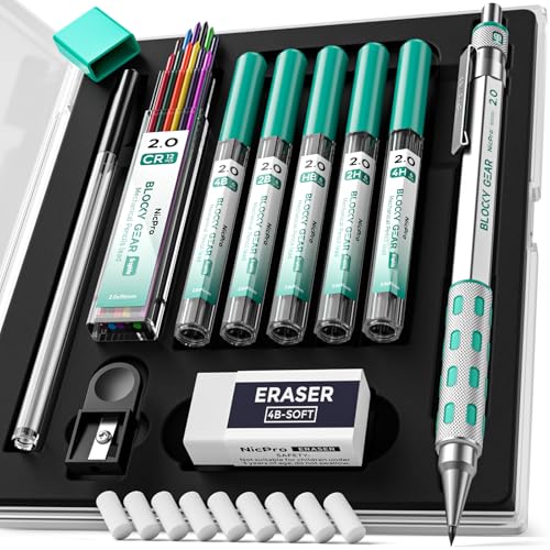 Nicpro 2.0 mm Mechanical Pencils Set, Metal Drafting Pencil with Case | HB 2B 2H 4B 4H Lead Refills, Erasers+9 Eraser Refill, Hexahedral Barrel, Mechanical Pencil Bulk, for Professional Sketching - size: 2.0 mm