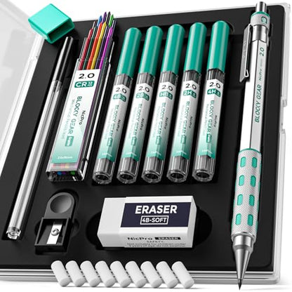 Nicpro 2.0 mm Mechanical Pencils Set, Metal Drafting Pencil with Case | HB 2B 2H 4B 4H Lead Refills, Erasers+9 Eraser Refill, Hexahedral Barrel, Mechanical Pencil Bulk, for Professional Sketching - size: 2.0 mm