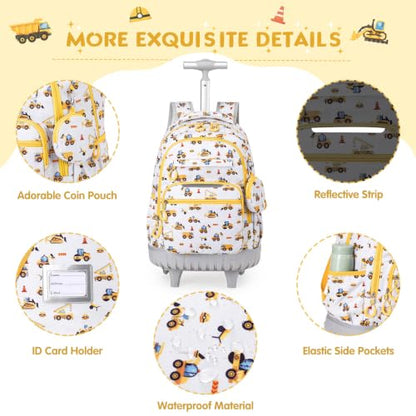 Rolling Backpack for Boys, 3PCS Roller School Backpacks for Boys with Lunch Bag and Pencil Pouch, Kids Bookbag School Bag with Wheels for Kindergarten Elementary Middle School Travel - color: Grey Truck
