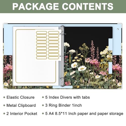 Rouidr 3 Ring Binder with clipboard, 1 inch 8.5 x 11 in Letter Size View Binders Organizer with Dividers Tabs & Clear Sleeves, School Supplies, Office Supplies - color: Dark Flower, size: 1in(Letter Size)