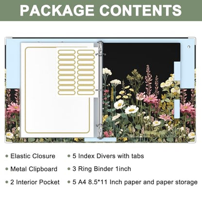 Rouidr 3 Ring Binder with clipboard, 1 inch 8.5 x 11 in Letter Size View Binders Organizer with Dividers Tabs & Clear Sleeves, School Supplies, Office Supplies - color: Dark Flower, size: 1in(Letter Size)