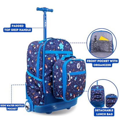 J World Duo Kids Rolling Backpack With Lunch Box Set. School Bookbag on Wheels, Spaceship - color: Spaceship