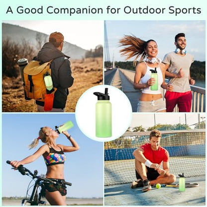 DOMICARE 32 oz Insulated Water Bottle, Vacuum Insulated Stainless Steel Sports Water Bottle with Straw Lid & Spout Lid, Leakproof, Reusable - Travel, Camping, Bike, Green Gradient - color: Green Gradient, size: 32 Ounces