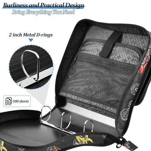 Fisyme Motocross Dirt Bike Black Zipper Binder 3 Ring with Zipper and Shoulder Strap Large Capacity Multi-Pocket Binder Organizer - color: Multi-cute Black