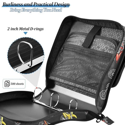 Fisyme Motocross Dirt Bike Black Zipper Binder 3 Ring with Zipper and Shoulder Strap Large Capacity Multi-Pocket Binder Organizer - color: Multi-cute Black