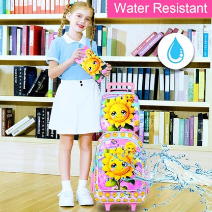 KLFVB Girls Bookbag with Wheels, 3PCS Kids Roller Backpack with Lunch Bag, Wheeled School Bag for Children - Smiling Sunflower - color: UV Printing Sunflower Pink Rolling Backpack