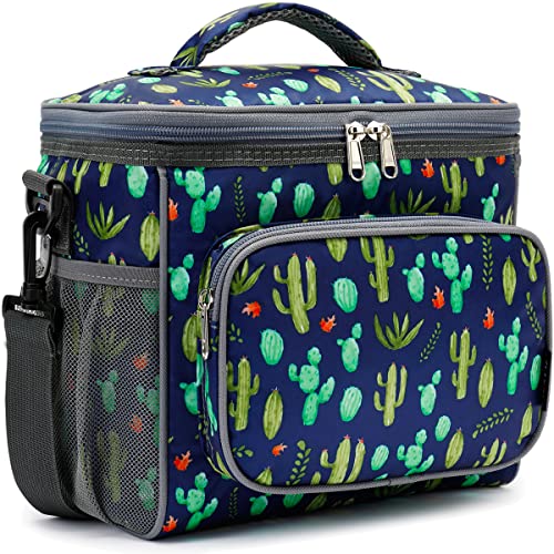FlowFly Insulated Reusable Lunch Bag Adult Large Lunch Box for Women and Men with Adjustable Shoulder Strap,Front Zipper Pocket and Dual Large Mesh Side Pockets,Cactus - color: Cactus