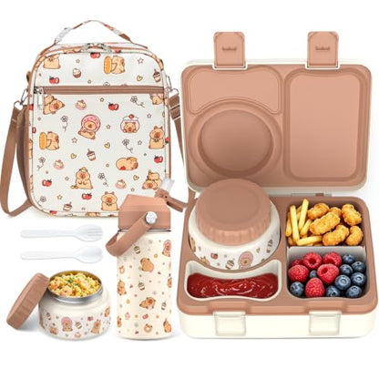 Bento Lunch Box for Kids Adult, Leakproof 3-4 Compartment Bento Box Set with Insulated Food Jar,Water Bottle, Lunch Bag, School Lunch Container for Toddler Teen Girls Boys Ages 3+(Brown) - color: Brown