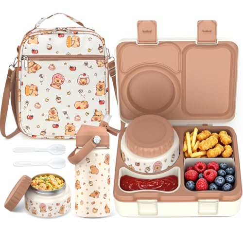Bento Lunch Box for Kids Adult, Leakproof 3-4 Compartment Bento Box Set with Insulated Food Jar,Water Bottle, Lunch Bag, School Lunch Container for Toddler Teen Girls Boys Ages 3+(Brown) - color: Brown