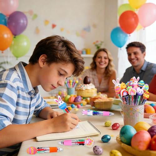 Vellibring 24PCS Easter Fun Pens Cute Multicolor Ballpoint Pens 4 Colors in 1 Kawaii Bunny Easter Egg Chicken Rainbows Gnome for Easter Party Favors Basket Stuffers School Supplies Students Rewards - style: Easter Eggs-24pcs