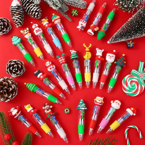 Vellibring 24PCS Christmas Multicolor Ballpoint Pens 4 Colors in 1, Retractable 0.7mm Cartoon Cute Fun Pens Santa Snowman Writing Pens for Holiday Party School Supplies Students Rewards - style: Christmas-24pcs