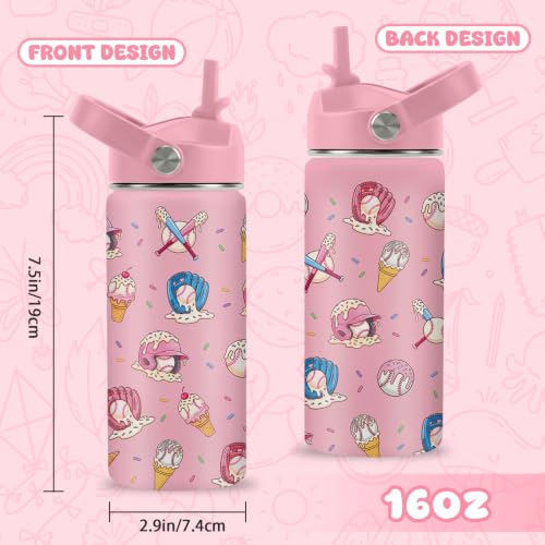 Hiboss Baseball Pink Water Bottle for Girls, 16oz Kids Stainless Steel Insulated Water Bottle with Straw Lid, Ice Cream Baseball Cup Tumbler Birthday Gift for Girls - color: Baseball