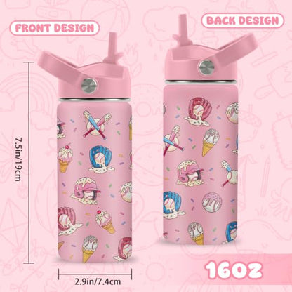 Hiboss Baseball Pink Water Bottle for Girls, 16oz Kids Stainless Steel Insulated Water Bottle with Straw Lid, Ice Cream Baseball Cup Tumbler Birthday Gift for Girls - color: Baseball