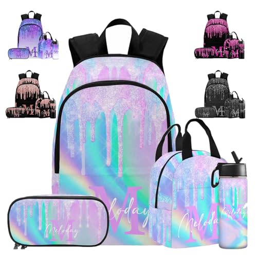 Customize Name Casual School Backpack for Kids, Personalized Rainbow Glitter Initial Schoolbag Shoulder Bag Custom Lunch Box Bag Travel Daypack for Students Boys Girls Back School Gifts Picnic - color: Multi 18