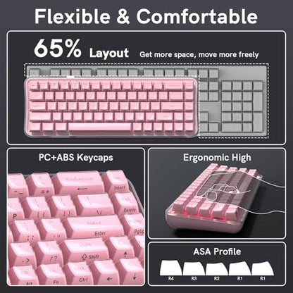 Womier Q61 PRO Wireless Keyboard with RGB Backlighting, 60% Mechanical Gaming Keyboard, Hot-Swappable Creamy Keyboard for PC, BT 5.0/2.4GHz/USB C, ASA Profile, Side-Engraved PC+ABS Keycaps - Pink - color: Pink