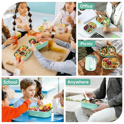 2 Layers Bento Box, All-in-One Stackable Lunch Container with Compartments, 64oz Leakproof Microwave Safe Dishwasher Safe Bento Box with Lunch Bag and Utensil Set for Kids and Adults - color: A-Green