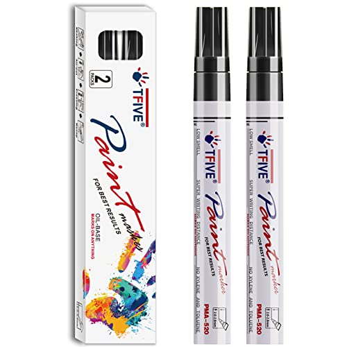 TFIVE Black Permanent Markers Paint Pens, 2 Pack Oil Based Paint Markers | Waterproof, Quick Dry, Never Fade, Medium Tip Marker Pens for Rock Painting, Wood, Metal, Plastic, Canvas, Glass, Rubber - color: Black