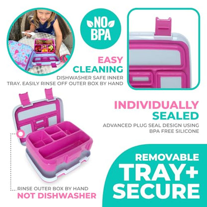 Bento Box with Insulated Lunch Bag Ice Pack Water Bottle for Kids - 5 Compartments, Removable Tray, Meal or Snack Container Girls Toddlers Daycare Pre School, Kindergarten, Pink Purple Fairy Princess - color: Pink Fairy Set