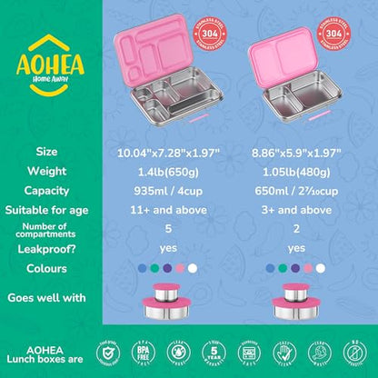 AOHEA Stainless Steel Bento Box Kids, Kids Metal Bento Lunch Box BPA Free Lunch Box Containers 304 Stainless Steel Bento Box for School and Office(Pink) - color: Pink-05