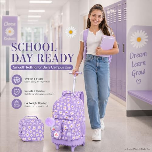 WZLVO 3PCS Girls Rolling Backpack, Water Resistance Roller Bookbag, Women Aesthetic Wheeled School Bag Set with Lunch Bag & Pencil Bag for Teens & Kids - Purple Chrysanthemum - color: 3pcs Girls Rolling Backpack - Purple Chrysanthemum