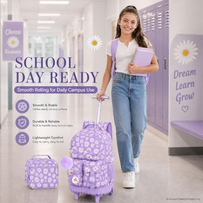 WZLVO 3PCS Girls Rolling Backpack, Water Resistance Roller Bookbag, Women Aesthetic Wheeled School Bag Set with Lunch Bag & Pencil Bag for Teens & Kids - Purple Chrysanthemum - color: 3pcs Girls Rolling Backpack - Purple Chrysanthemum