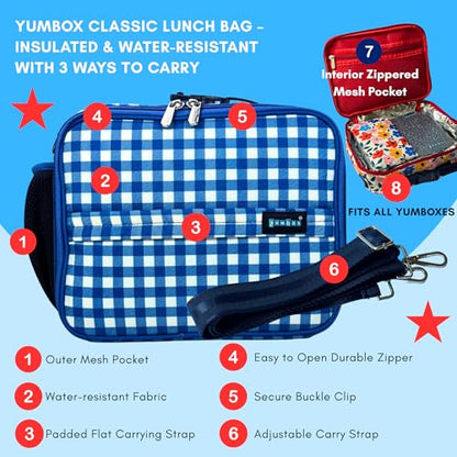 Yumbox Kids Insulated Lunch Bag, Fits Lunch Box & Bottle, Vichy Blue | Holds Lunch Box & Water Bottle | 3 Ways to Carry | Insulated EVA Lining | Wipe-Clean Fabric | Lightweight Design - color: Vichy Blue