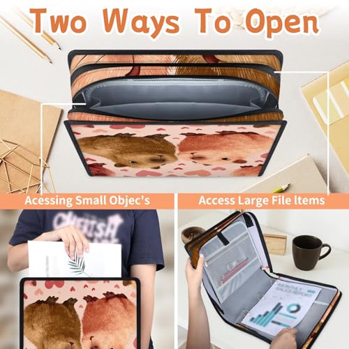 Capybara Zipper Binder, 3 D-Ring Expanding File Folder with Handle & Adjustable Shoulder Strap, 400 Sheets Capacity Multi-Pocket Organizer for 13 Inch Laptop - color: Capybara