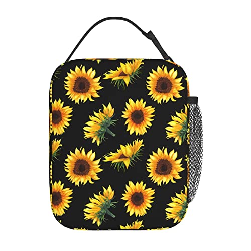 YETTA YANG Sunflower Flower Floral Black Portable Lunch Bag Insulated Lunch Box Reusable Totes For Women Men Work Picnic Camping - color: Black3