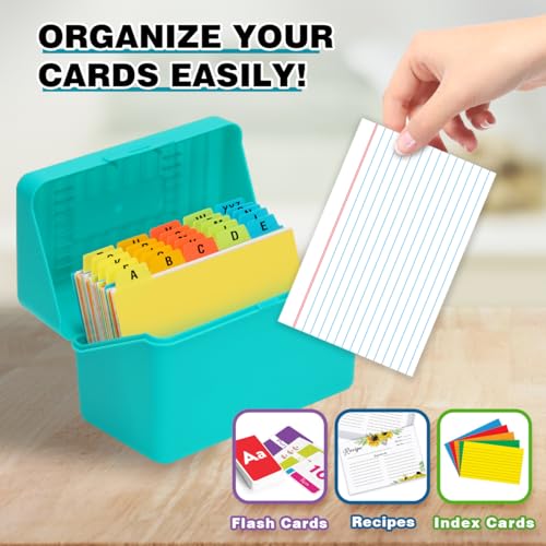 H4D 4x6 Index Card Holder with 100 Index Cards and 25 Dividers, Teal | 4x6 Inch Plastic Box, Heavyweight 4x6 Index Cards, Plastic 4x6 Index Card Dividers, Snap Closure Lid - color: Teal, size: 4"x6"